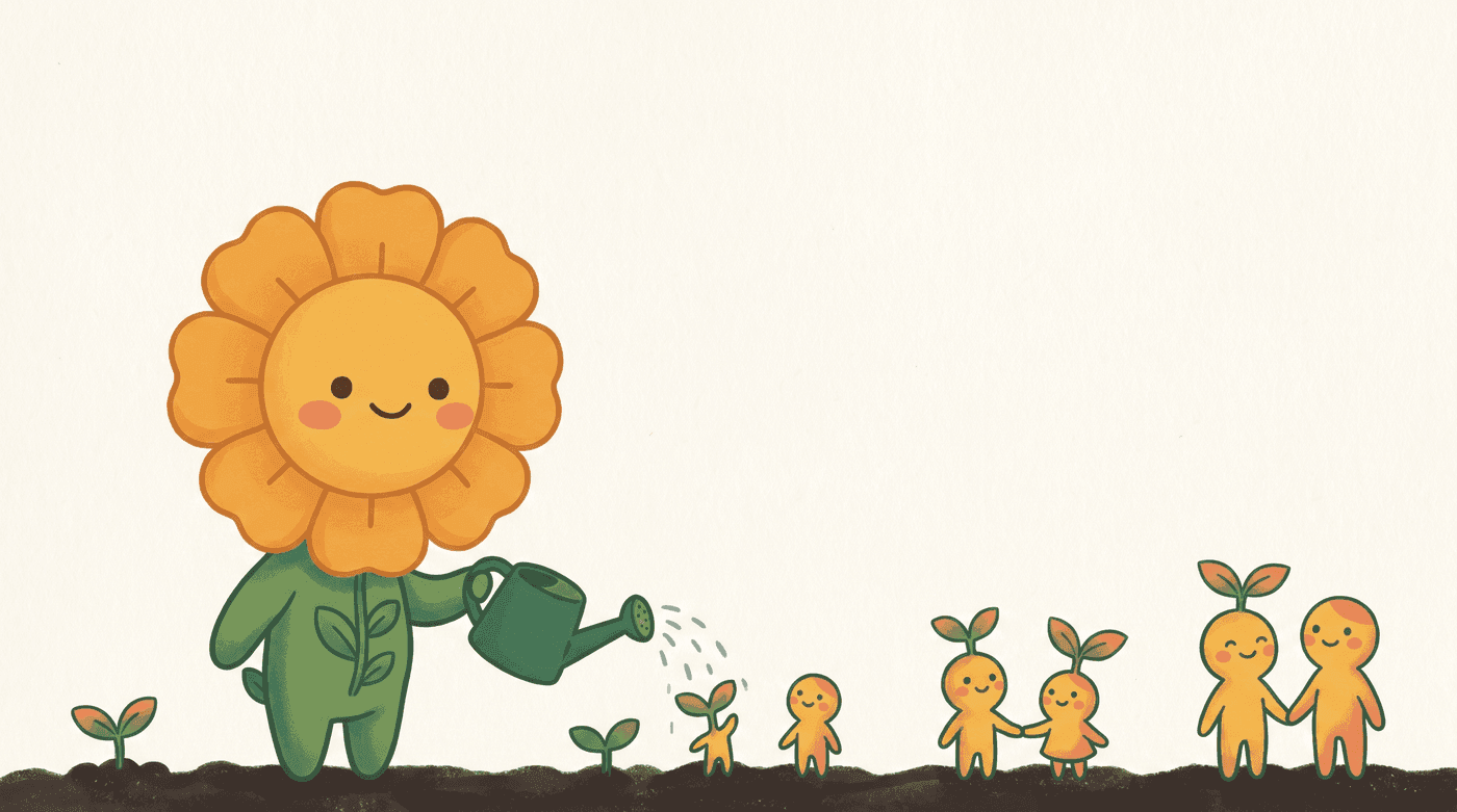Mari the marigold watering little sprouts that grow into families