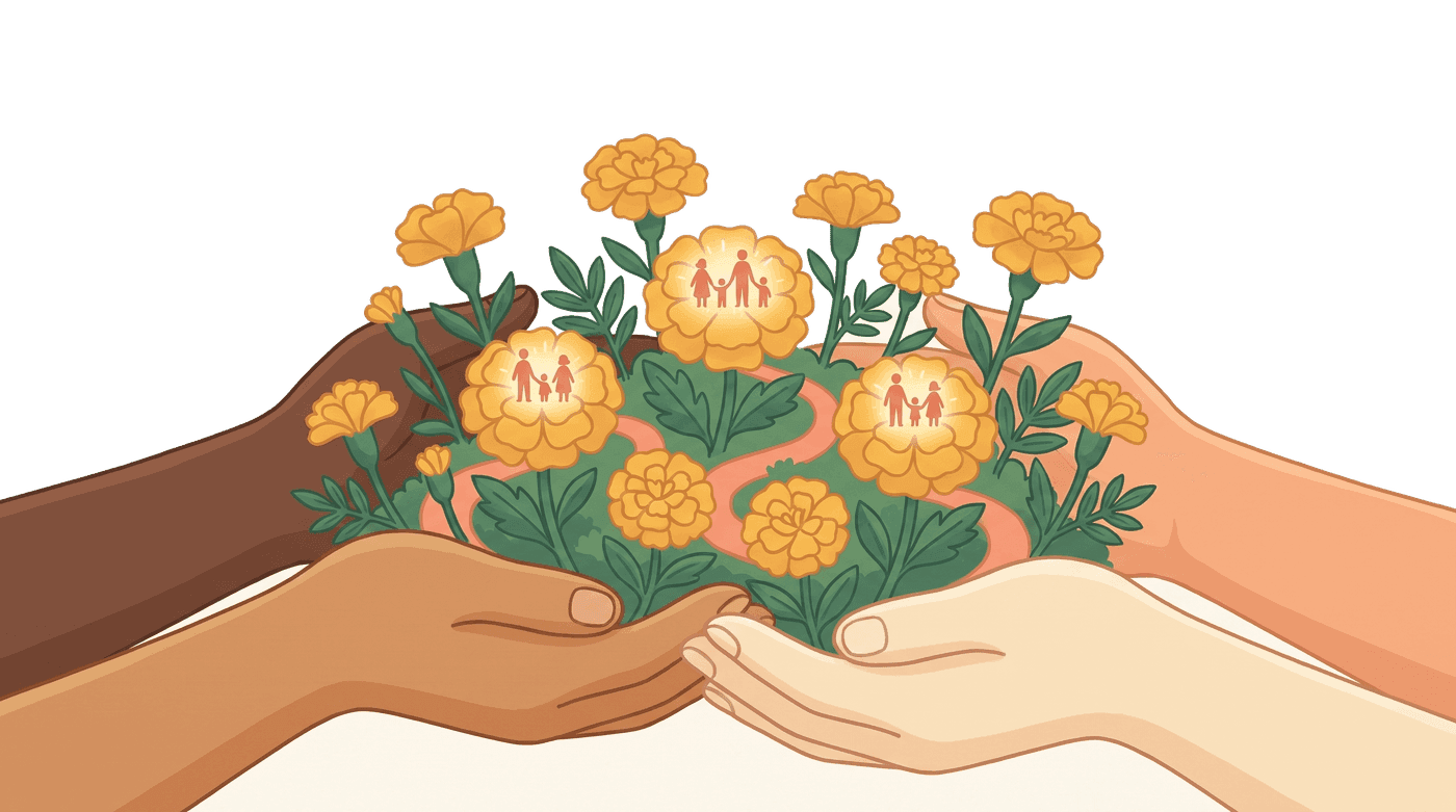 Many hands cupping a garden of marigolds, each bloom a family