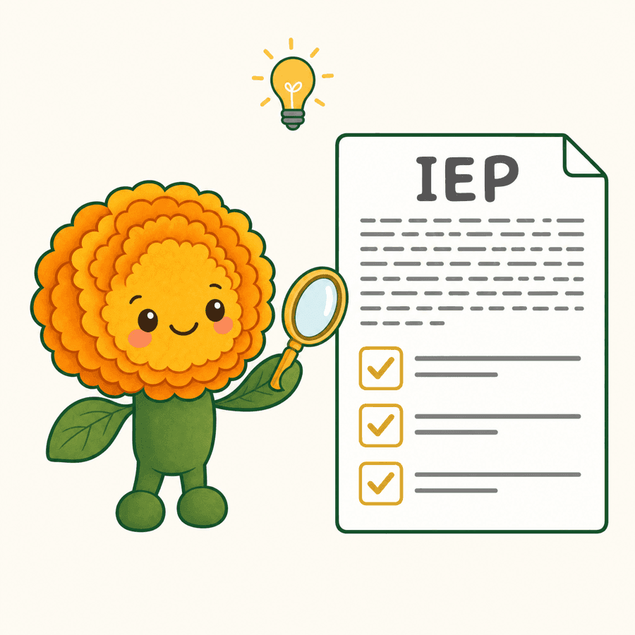 Mari, the friendly Marigold mascot, reading an IEP document with a magnifying glass as confusing text becomes clear checked items