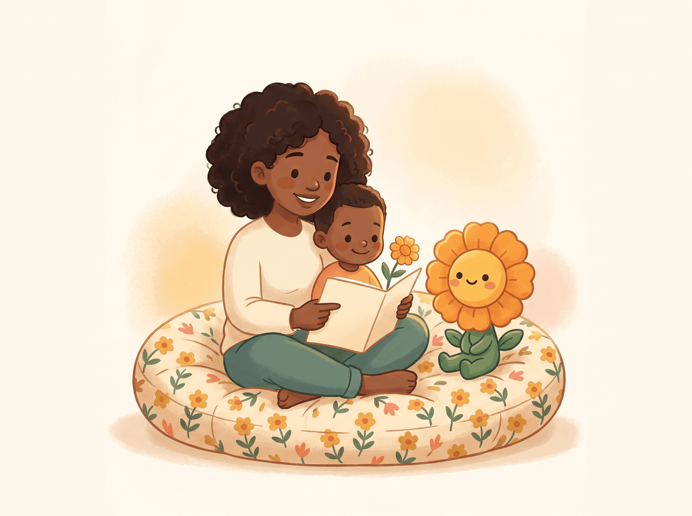A parent and child reading together with Mari beside them